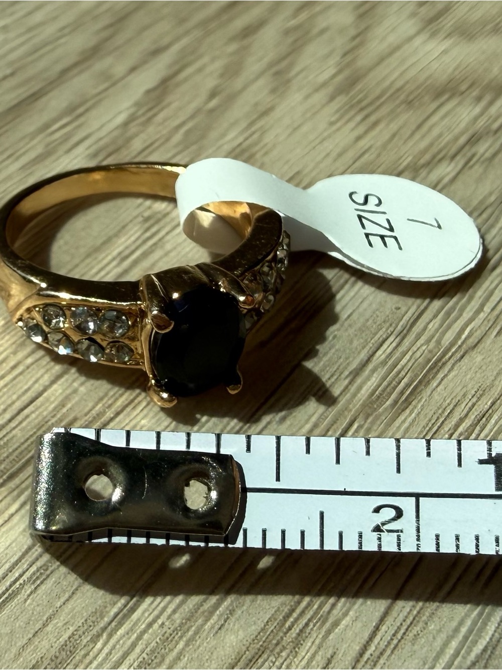 Gold plated Ring dark Center Stone and Clear Accent Crystal - Size 7 preppy gift - Picture 2 of 2